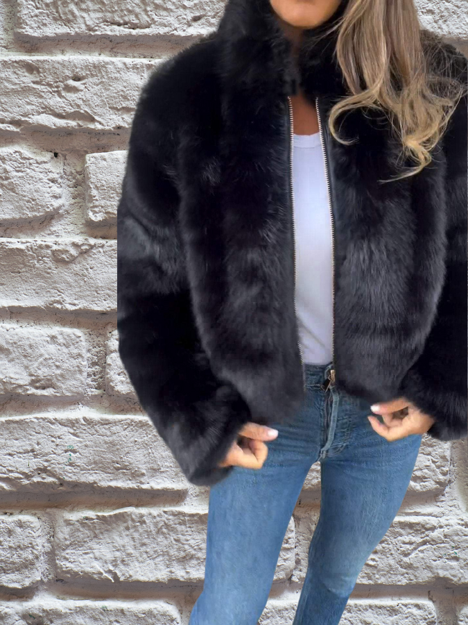 Women's Faux Fur Jacket with High Neck and Zip Front
