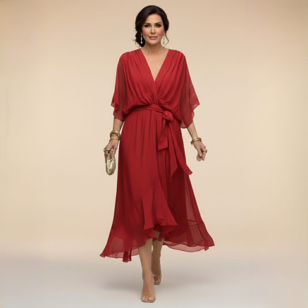 Women's Wedding Guest Midi Dress with V Neck and Flutter Sleeves