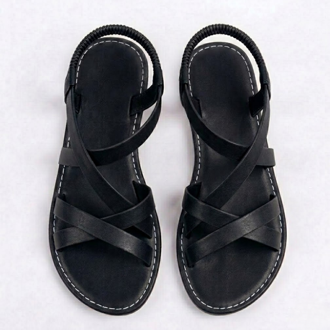 Women's Flat Sandals with Cross Strap Design and Ankle Buckle