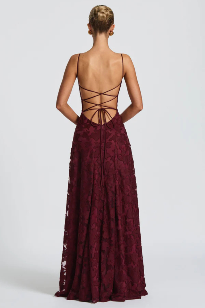 Women's Wedding Guest Maxi Dress with Floral Lace and Square Neckline