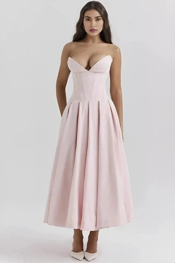 Women's Wedding Guest Corset Midi Dress with Full Skirt