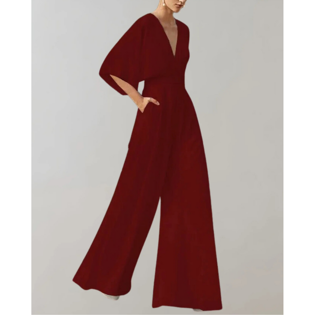 Women's Wide Leg Jumpsuit with V Neck and Short Sleeves