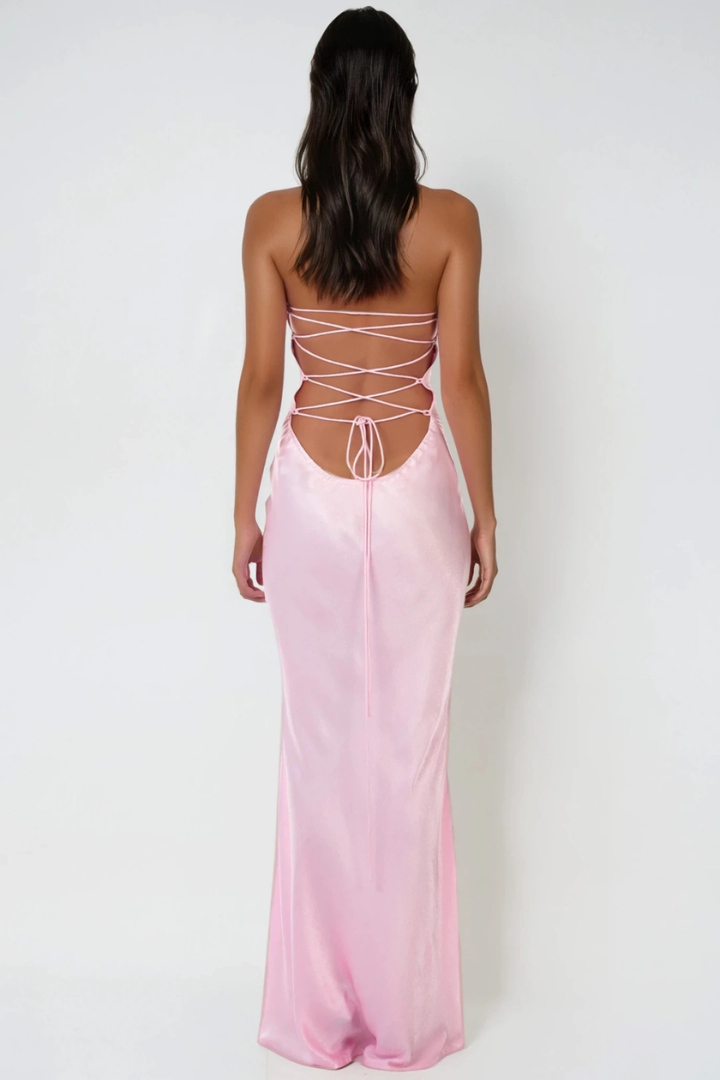 Women's Evening Maxi Dress with Embellished Bodice and Lace Up Back