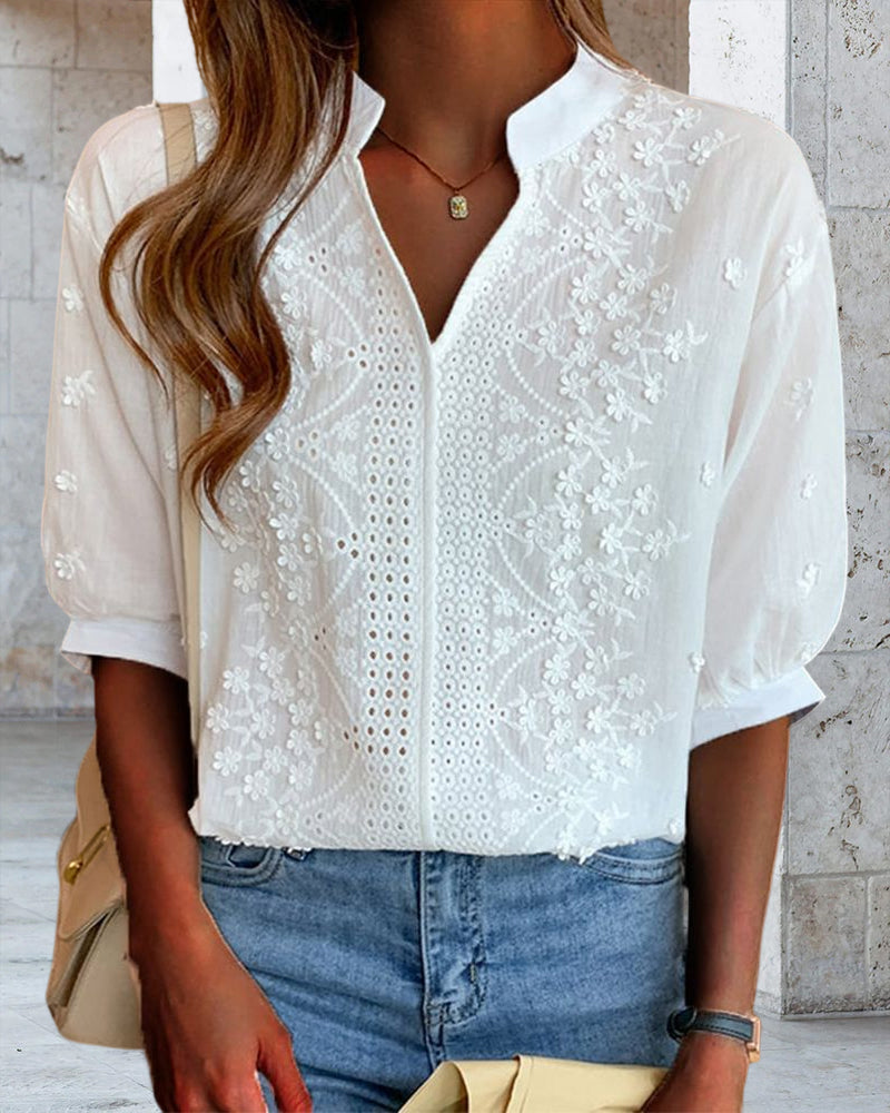 Women's V Neck Blouse with Puff Sleeves and Embroidered Detail