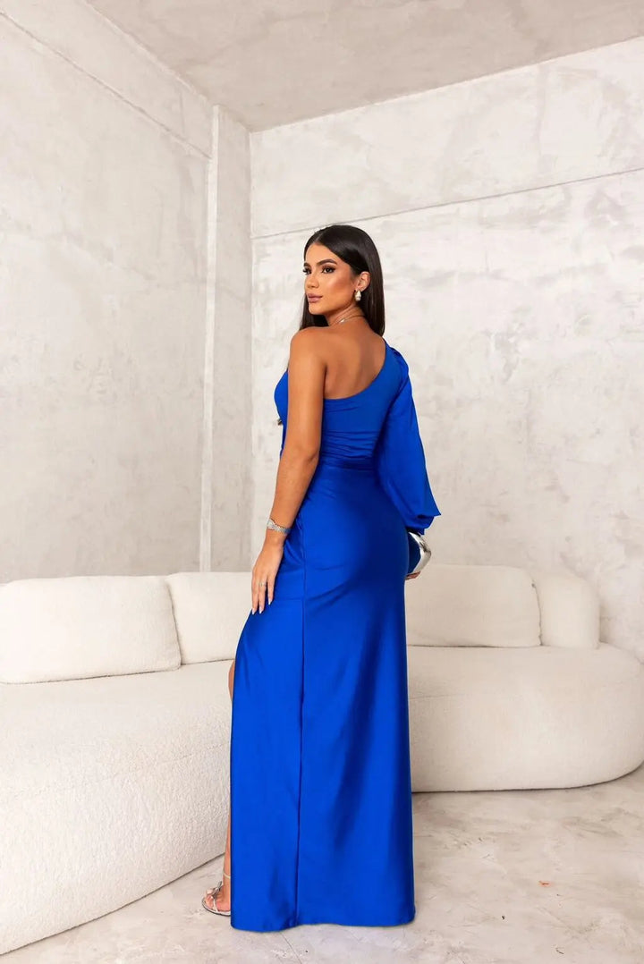 Women's One Shoulder Maxi Dress with Ruched Waist and Thigh Split