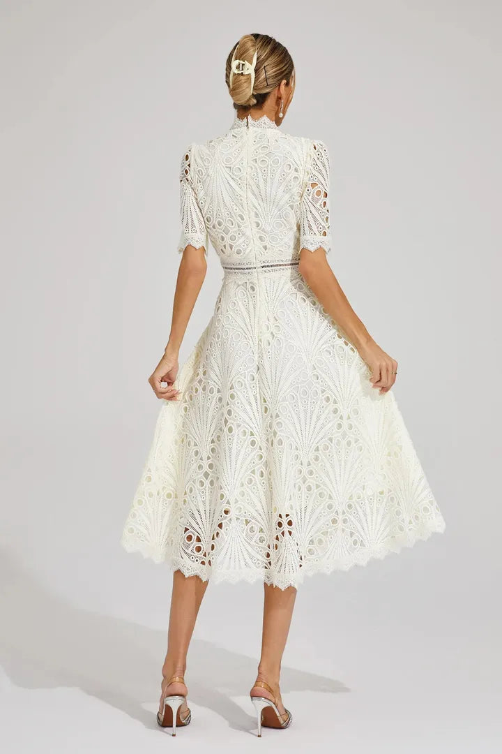 Women's Wedding Guest Lace Midi Dress with High Neck and Short Sleeves