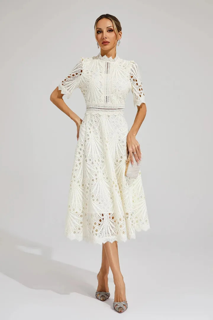 Women's Wedding Guest Lace Midi Dress with High Neck and Short Sleeves