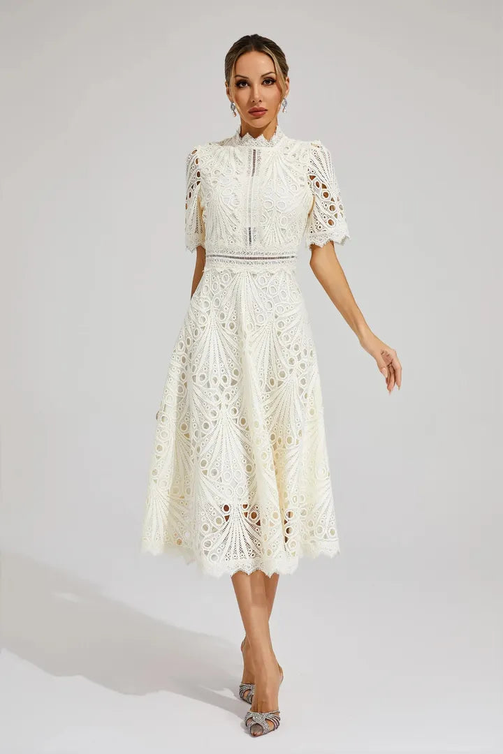 Women's Wedding Guest Lace Midi Dress with High Neck and Short Sleeves