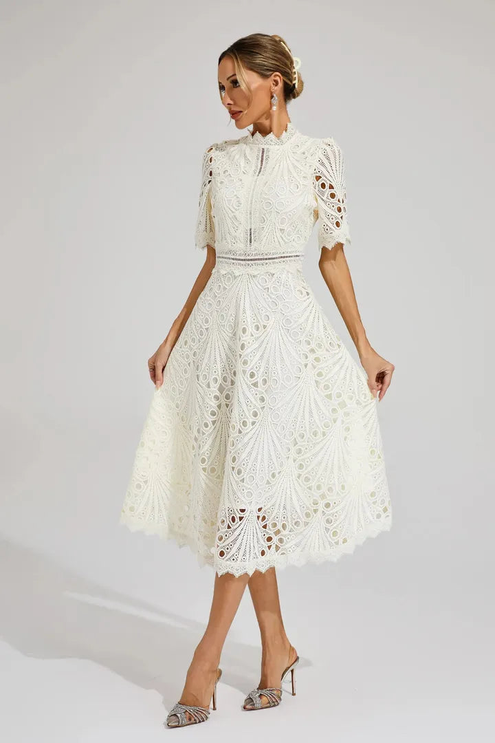 Women's Wedding Guest Lace Midi Dress with High Neck and Short Sleeves