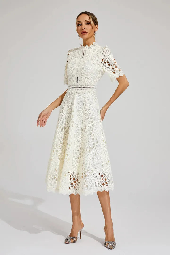 Women's Wedding Guest Lace Midi Dress with High Neck and Short Sleeves