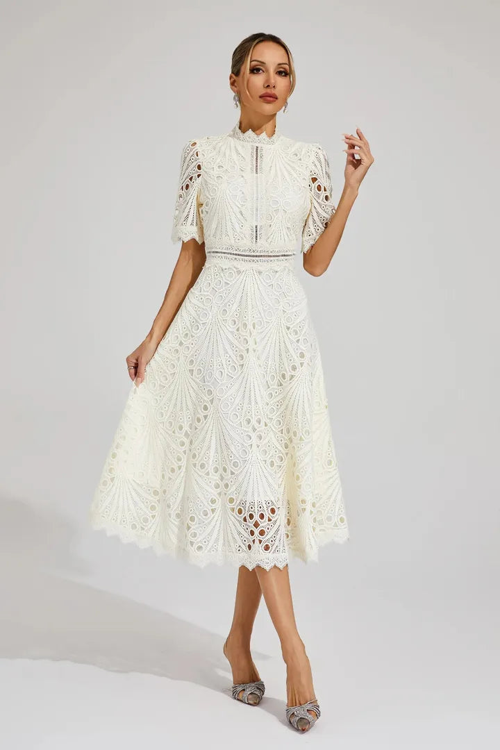 Women's Wedding Guest Lace Midi Dress with High Neck and Short Sleeves