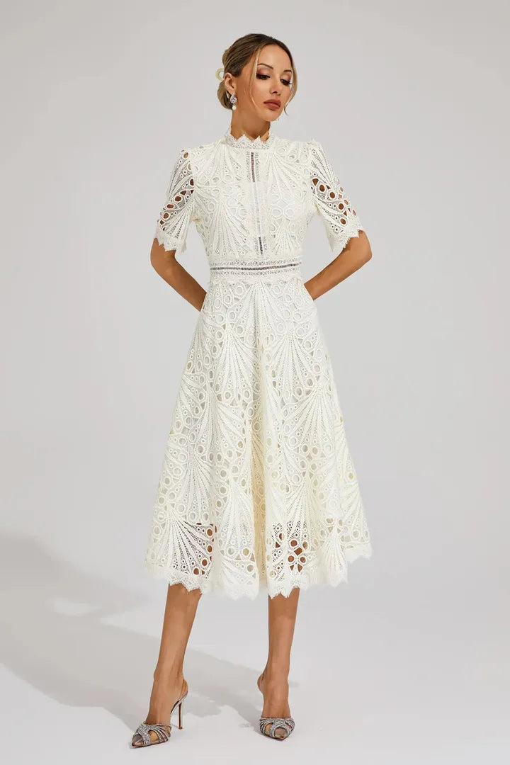 Women's Wedding Guest Lace Midi Dress with High Neck and Short Sleeves