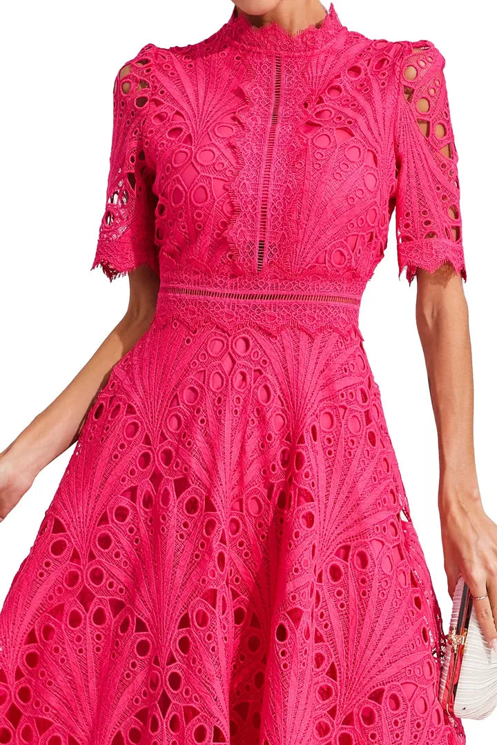 Women's Wedding Guest Lace Midi Dress with High Neck and Short Sleeves