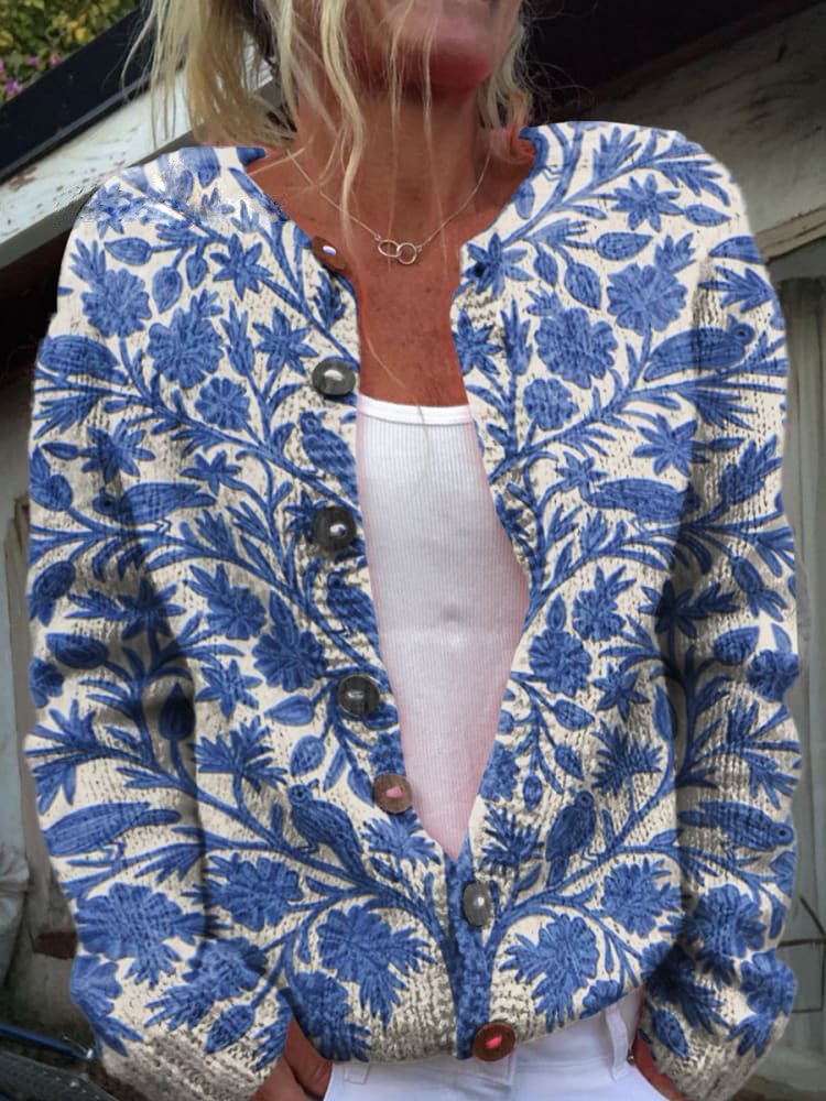 Women's Floral Knit Cardigan with Round Neck and Button Front
