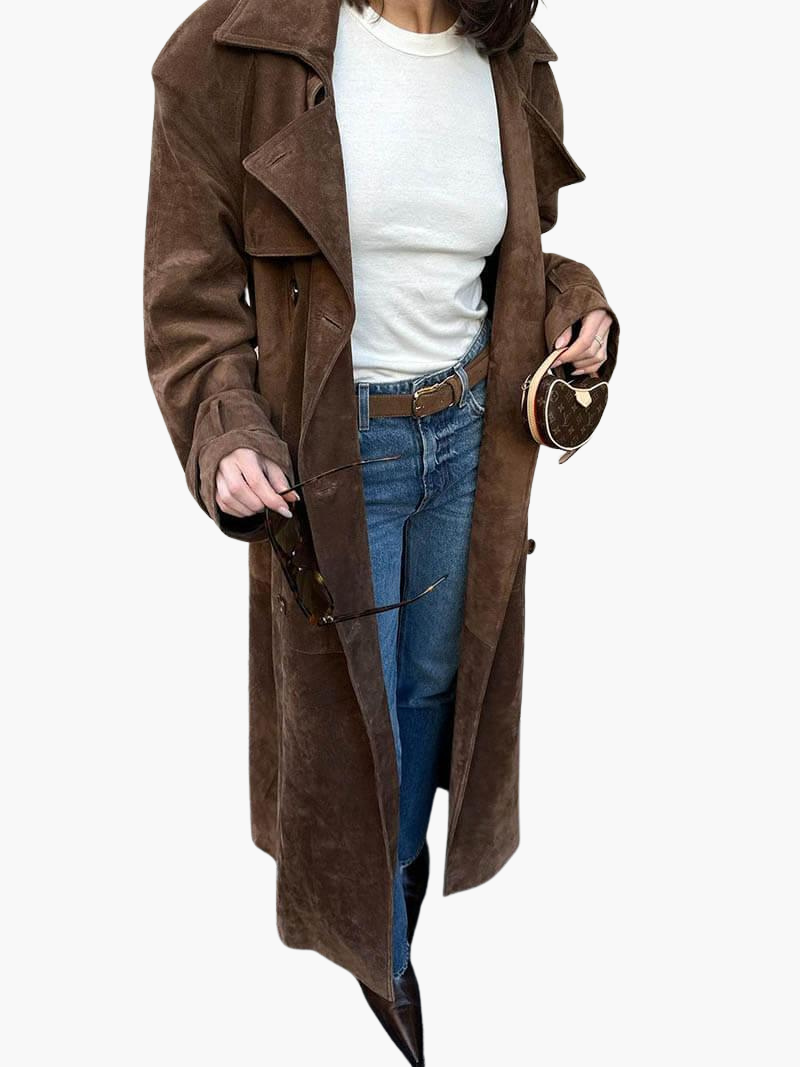 Women's Double Breasted Trench Coat with Belted Waist and Notch Lapel