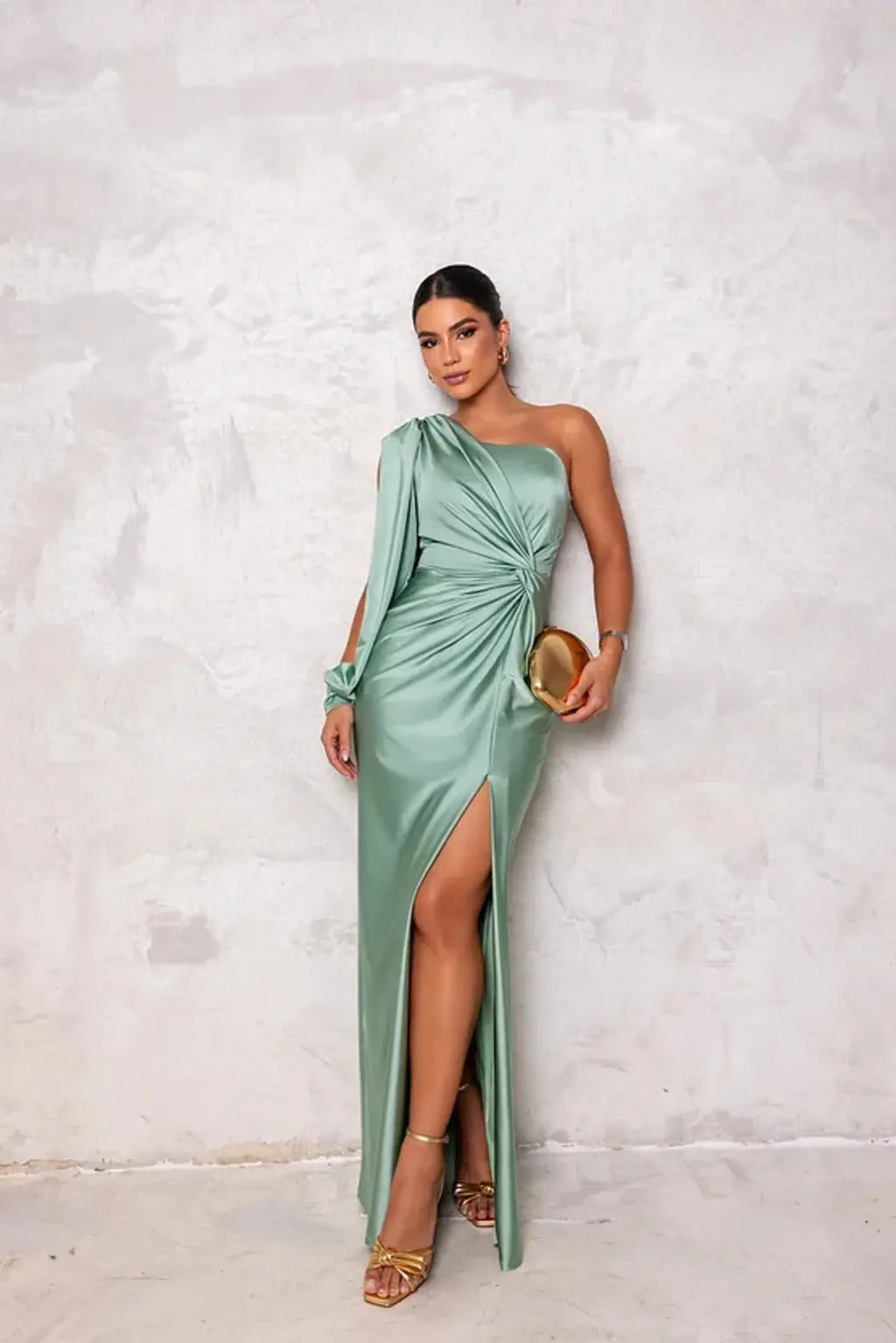 Women's One Shoulder Maxi Dress with Ruched Waist and Thigh Split