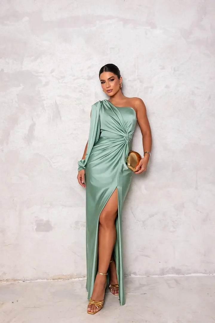 Women's One Shoulder Maxi Dress with Ruched Waist and Thigh Split