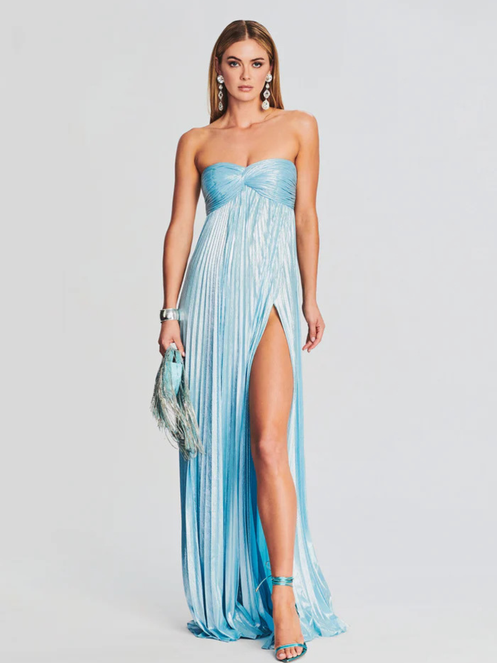 Women's Evening Strapless Maxi Dress with Twisted Bodice and High Slit