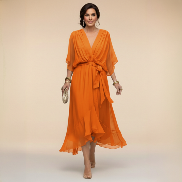 Women's Wedding Guest Midi Dress with V Neck and Flutter Sleeves