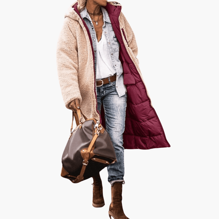 Women's Longline Puffer Coat with Hood and Quilted Design