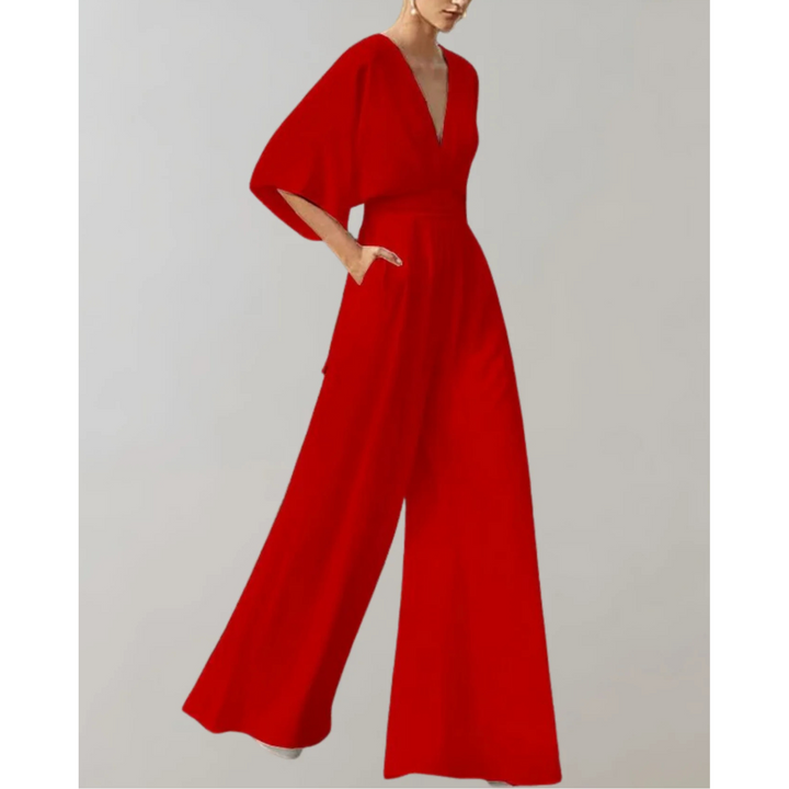 Women's Wide Leg Jumpsuit with V Neck and Short Sleeves