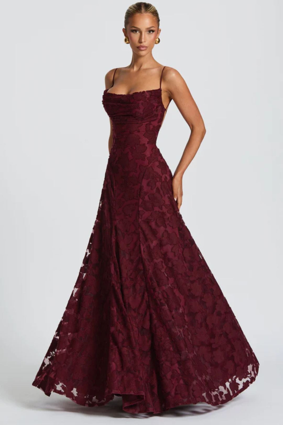 Women's Wedding Guest Maxi Dress with Floral Lace and Square Neckline