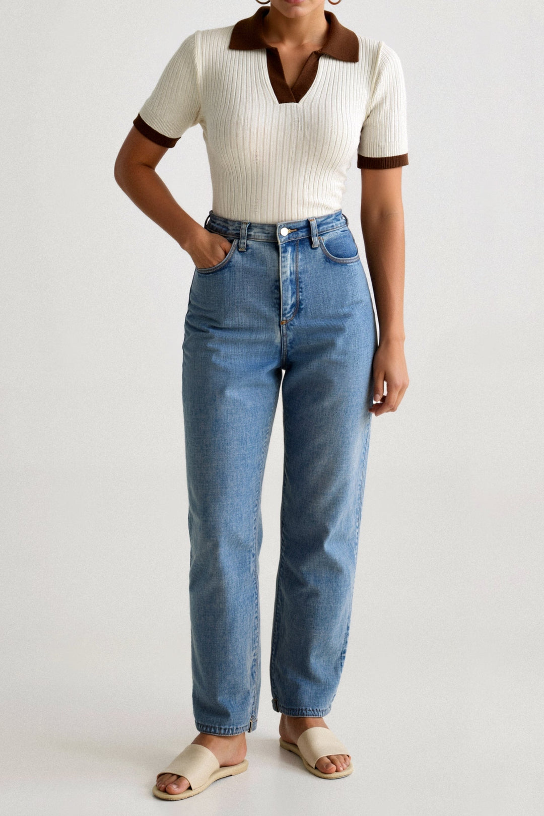 Women's Ribbed Top with Collared Neckline and Short Sleeves