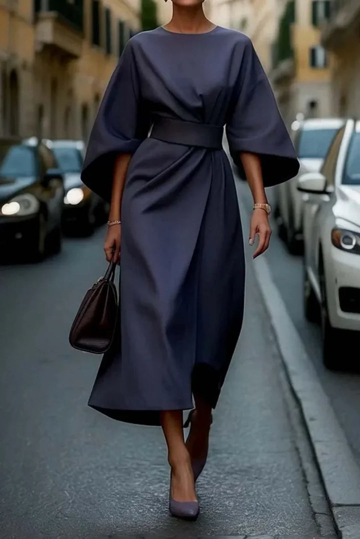 Women's Occasion Midi Dress with Draped Waist and Flared Sleeves