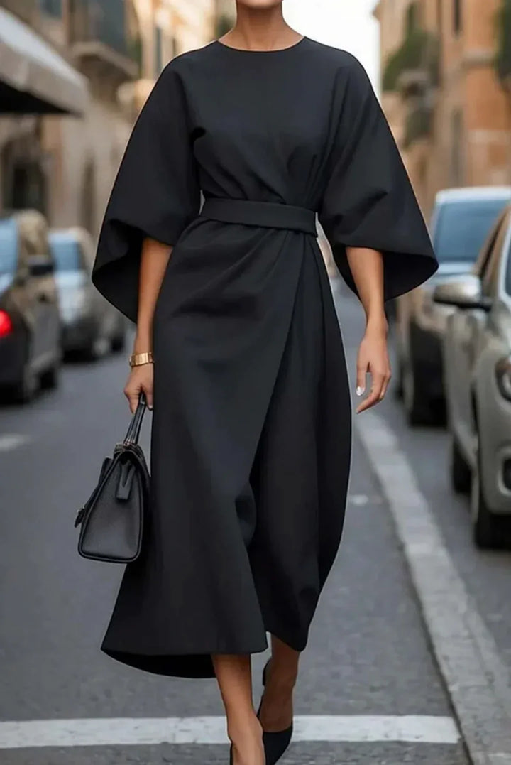 Women's Occasion Midi Dress with Draped Waist and Flared Sleeves
