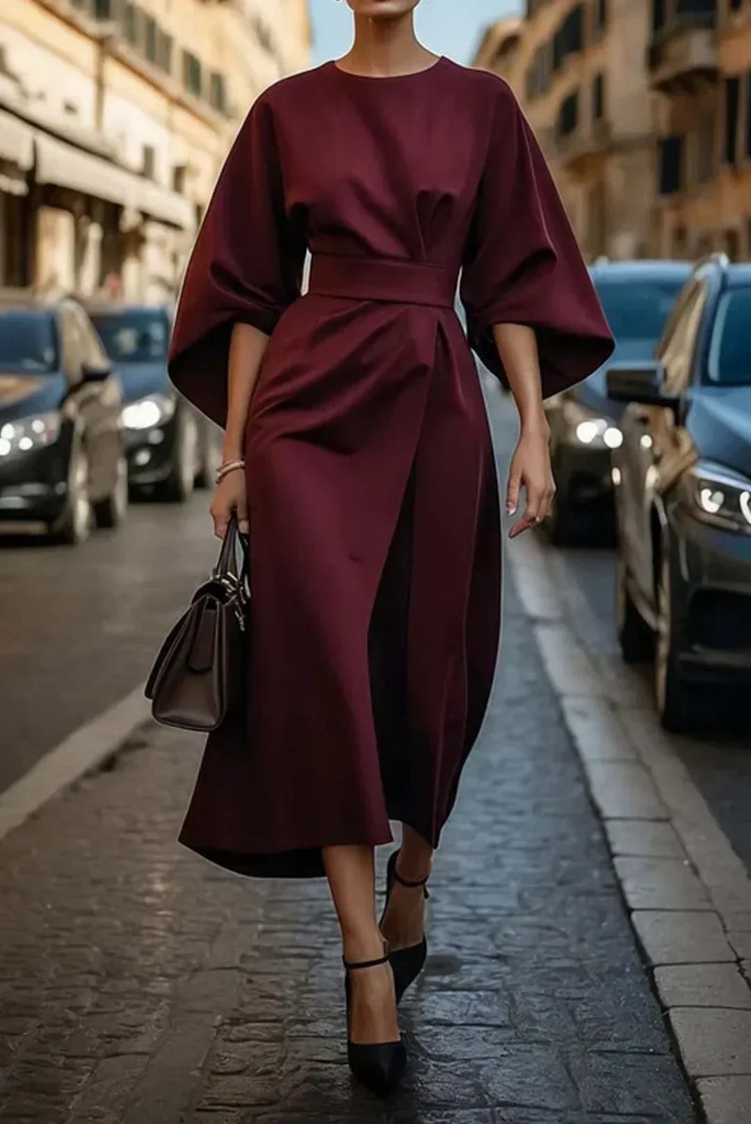 Women's Occasion Midi Dress with Draped Waist and Flared Sleeves