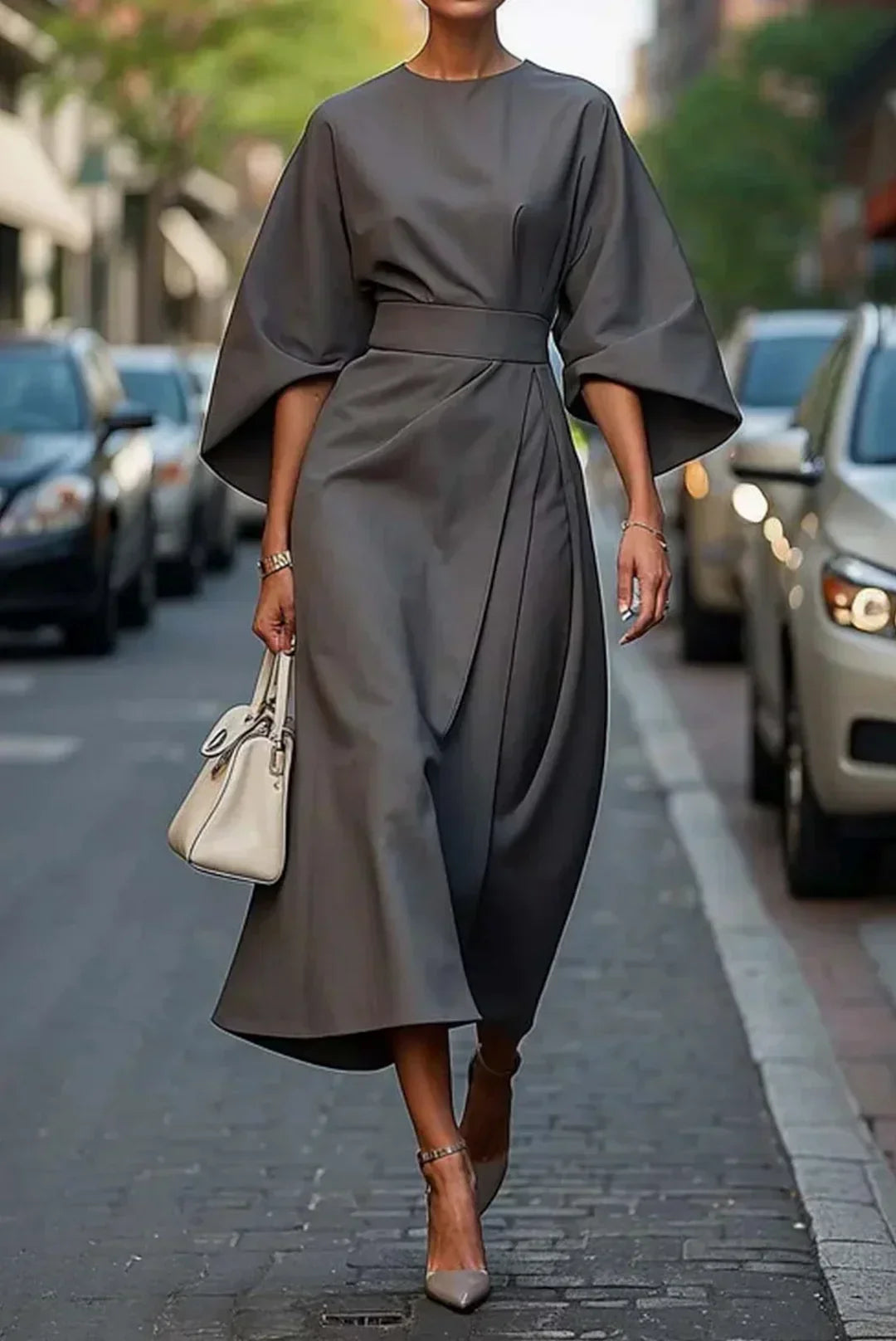 Women's Occasion Midi Dress with Draped Waist and Flared Sleeves