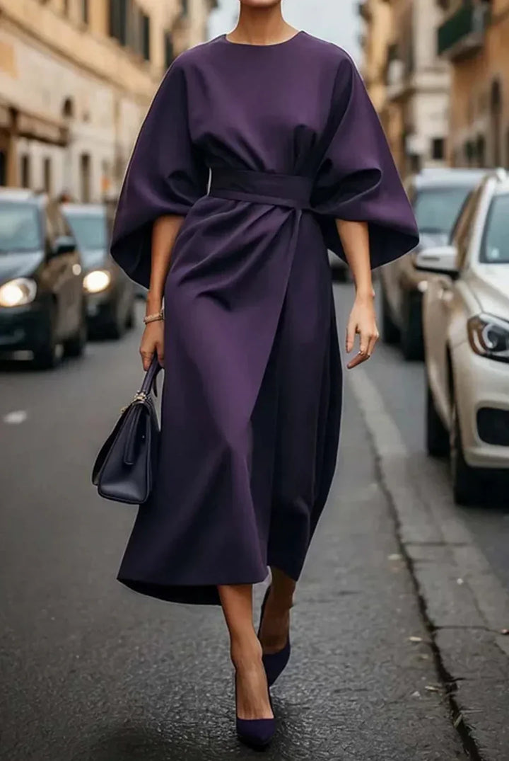 Women's Occasion Midi Dress with Draped Waist and Flared Sleeves