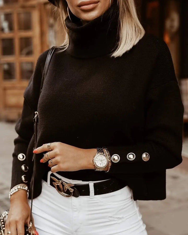 Women's Knitted Jumper with Roll Neck and Button Cuff Detail