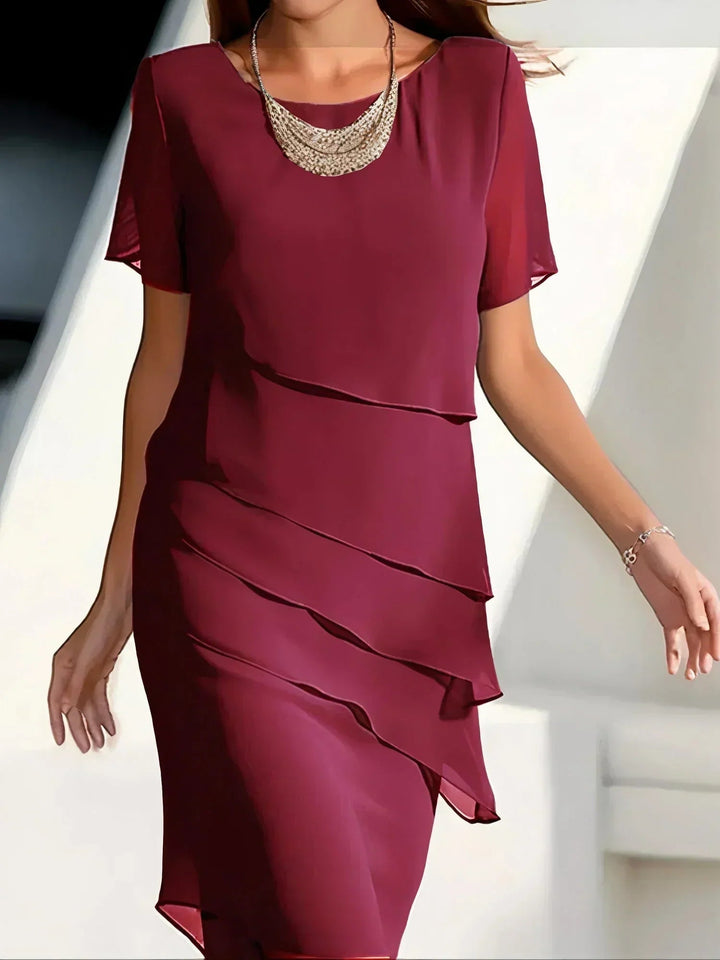 Women's Occasion Midi Dress with Layered Ruffle Detail and Short Sleeves