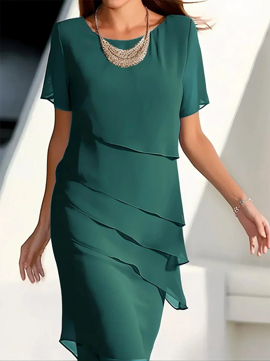 Women's Occasion Midi Dress with Layered Ruffle Detail and Short Sleeves