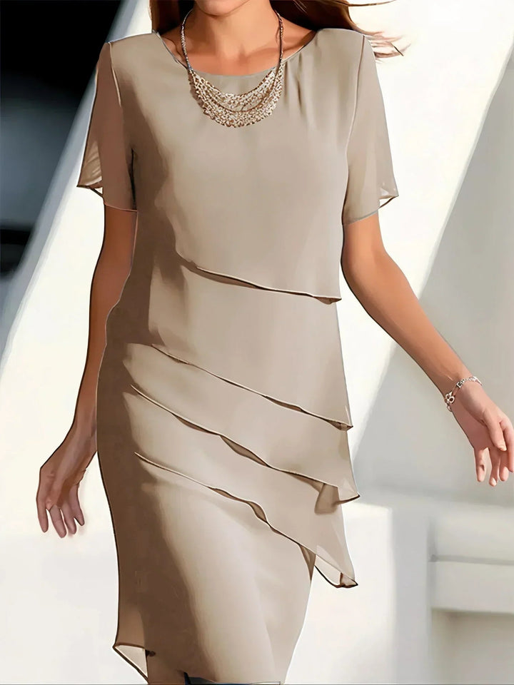 Women's Occasion Midi Dress with Layered Ruffle Detail and Short Sleeves
