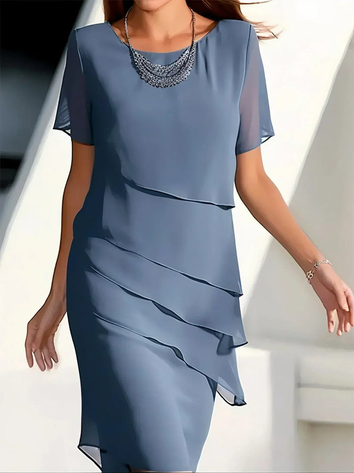 Women's Occasion Midi Dress with Layered Ruffle Detail and Short Sleeves