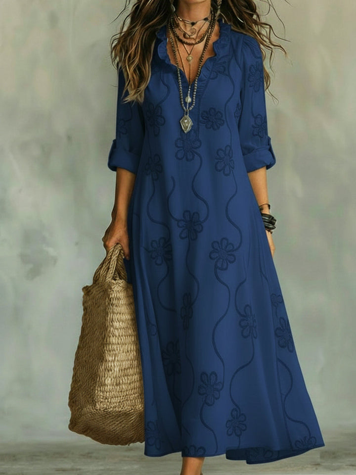 Women's Boho Maxi Dress with V Neck and Half Sleeves