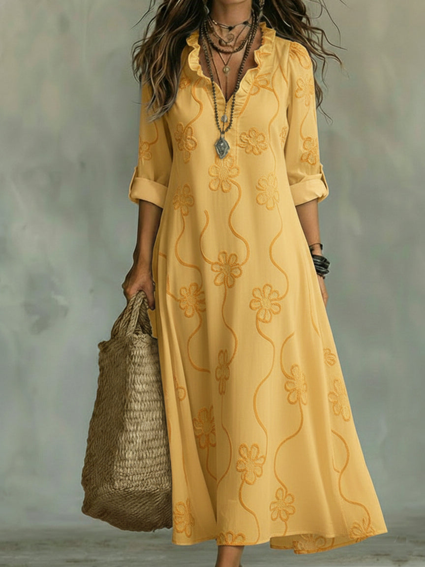 Women's Boho Maxi Dress with V Neck and Half Sleeves