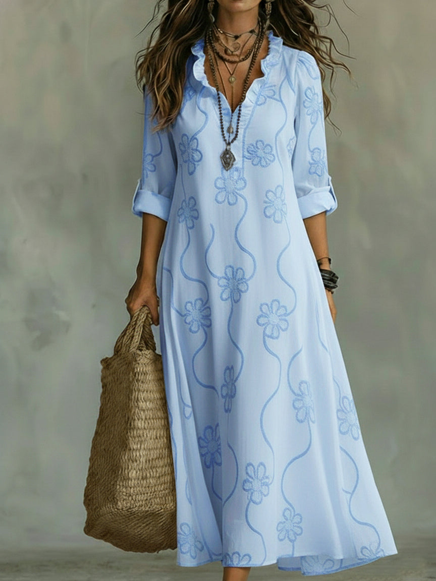 Women's Boho Maxi Dress with V Neck and Half Sleeves