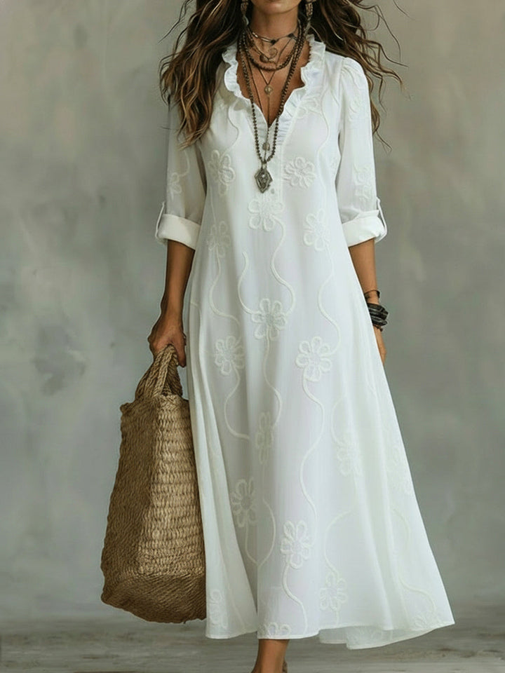 Women's Boho Maxi Dress with V Neck and Half Sleeves