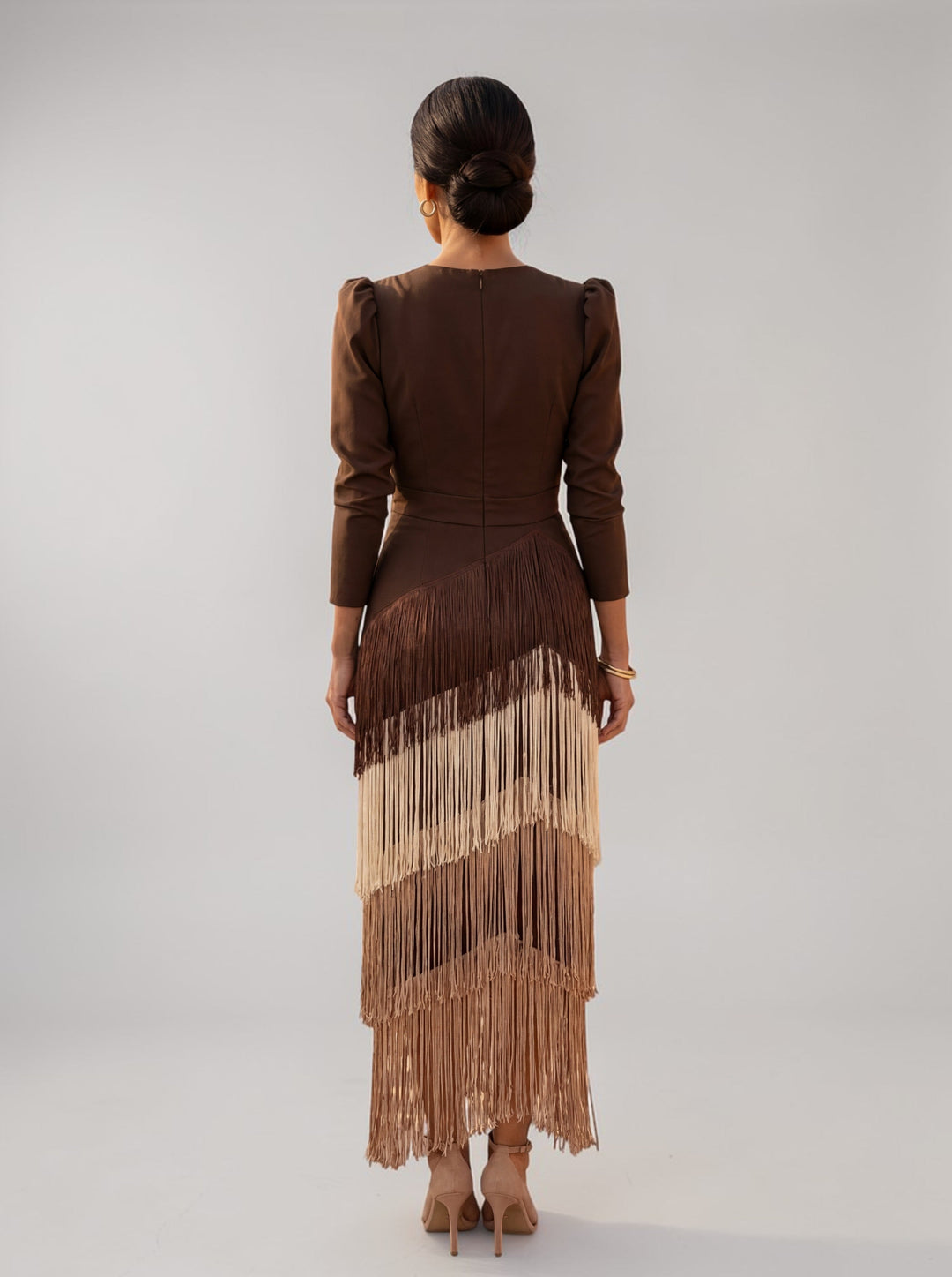 Women's Wedding Guest Midi Dress with Layered Fringes and V Neck