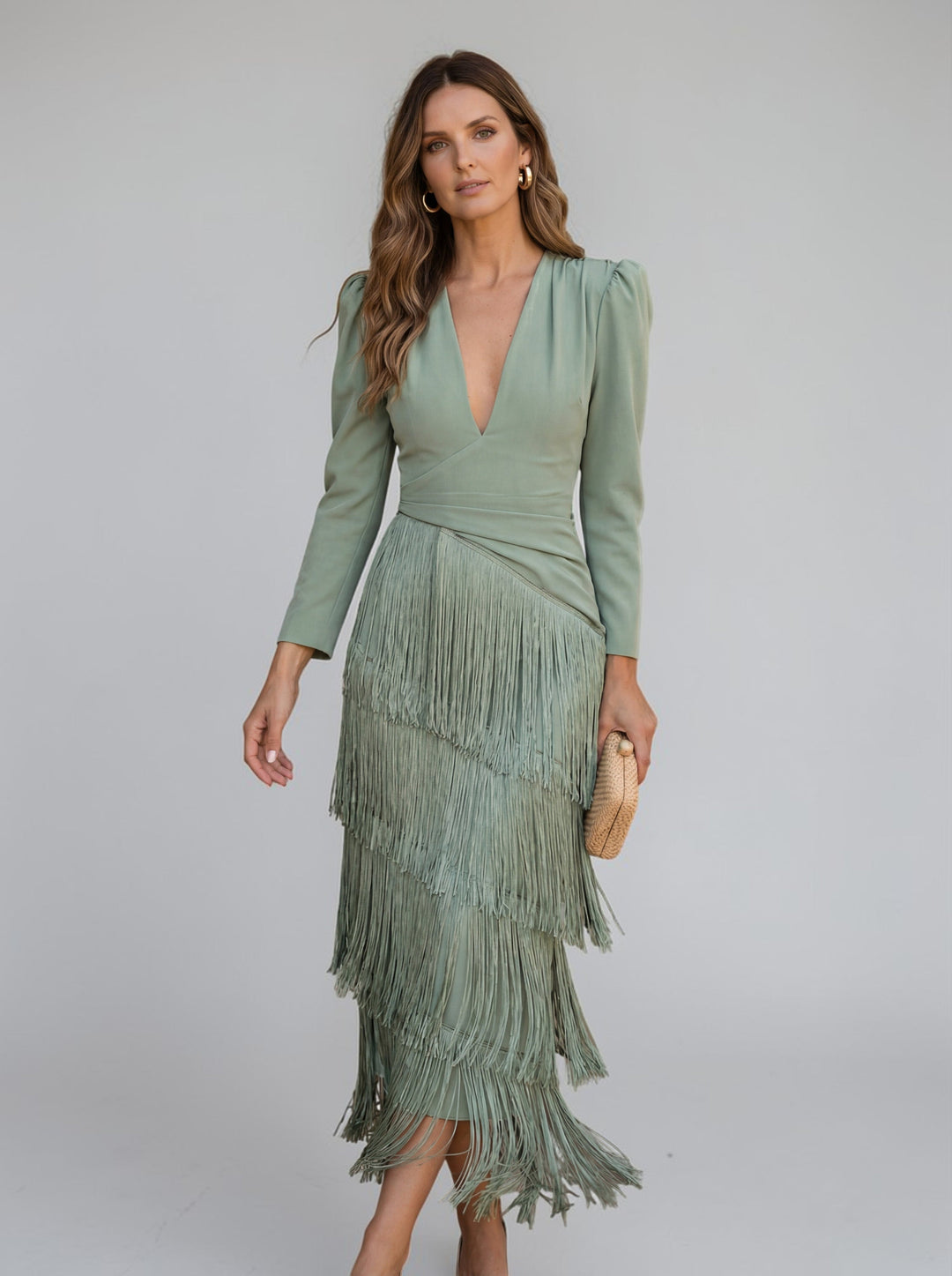 Women's Wedding Guest Midi Dress with Layered Fringes and V Neck
