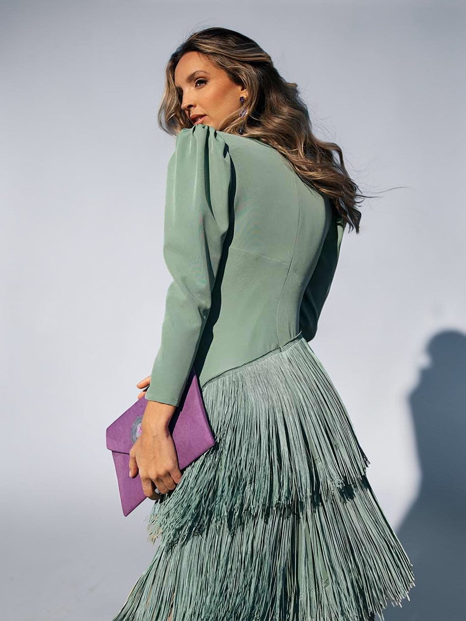 Women's Wedding Guest Midi Dress with Layered Fringes and V Neck