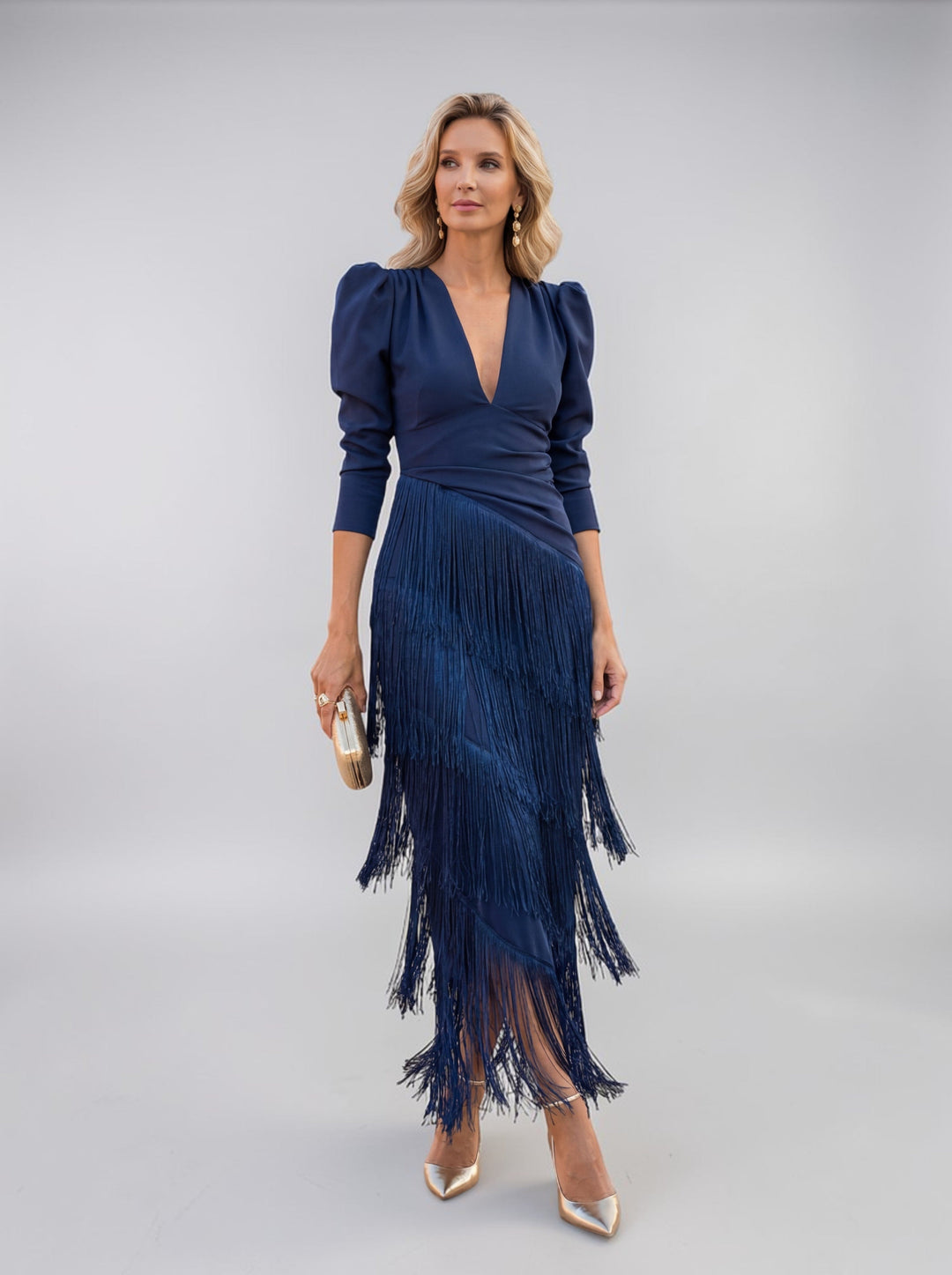Women's Wedding Guest Midi Dress with Layered Fringes and V Neck