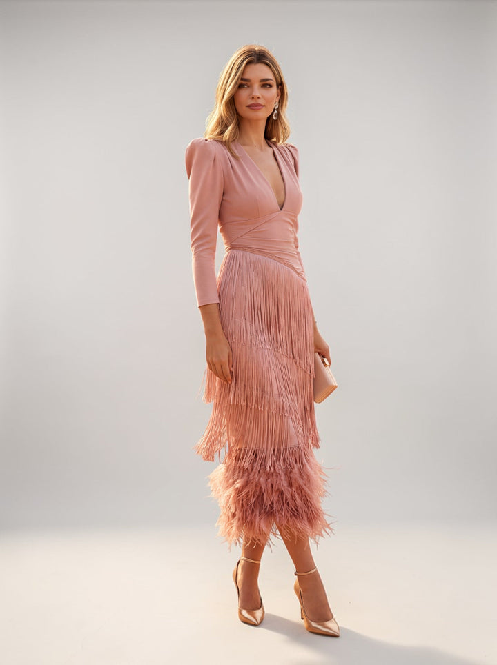 Women's Wedding Guest Midi Dress with Layered Fringes and V Neck