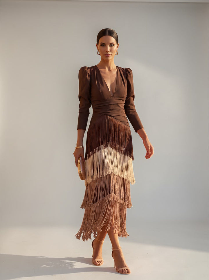 Women's Wedding Guest Midi Dress with Layered Fringes and V Neck