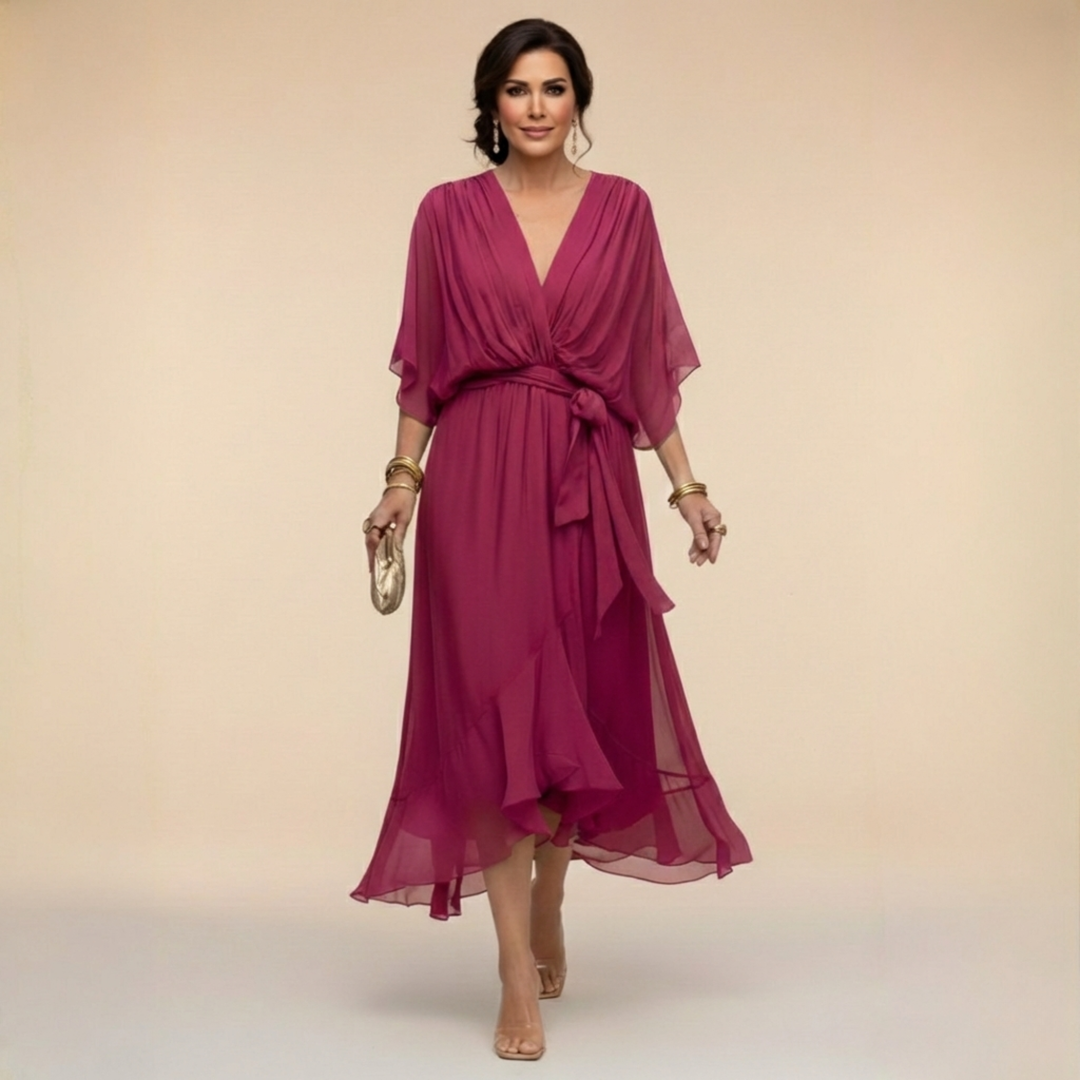 Women's Wrap Midi Dress with V Neck and Tie Waist