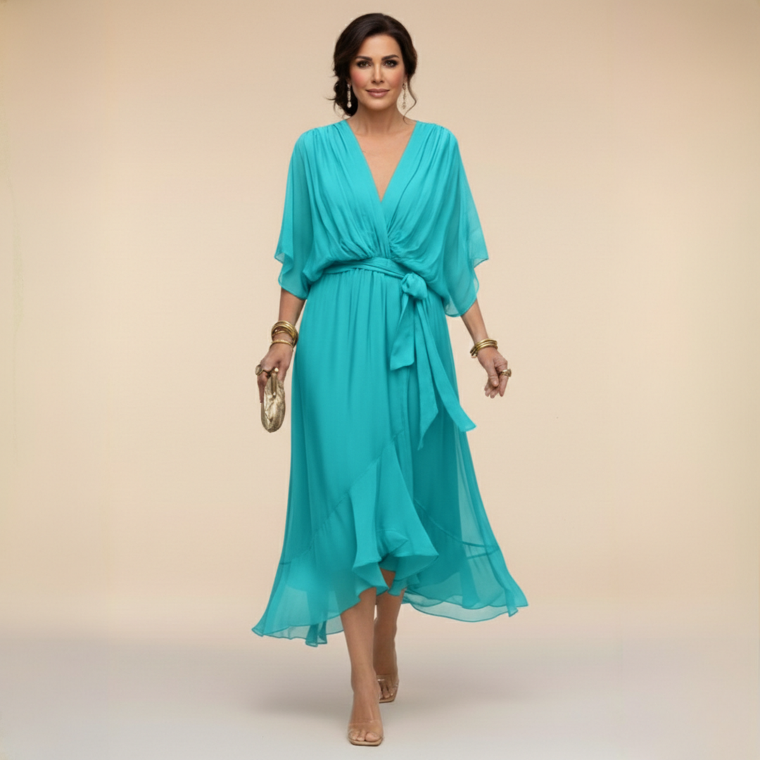 Women's Wrap Midi Dress with V Neck and Tie Waist