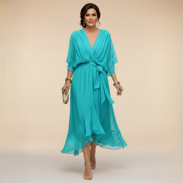 Women's Wrap Midi Dress with V Neck and Tie Waist